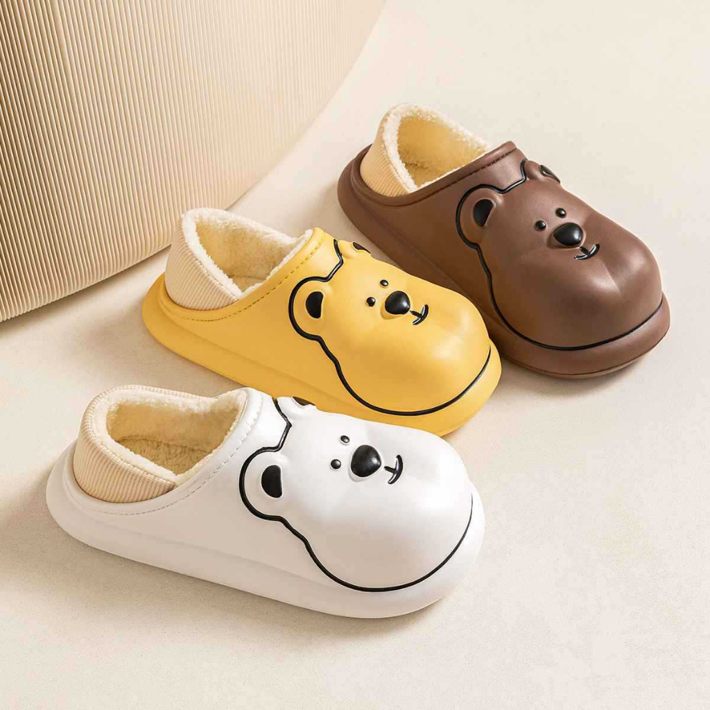 Renben Dép cotton Đi Trong Nhà Chống Trượt Không Thấm Nước In Hoạt Hình Gấu Nhỏ Dễ Thương Cho Cặp Đôi