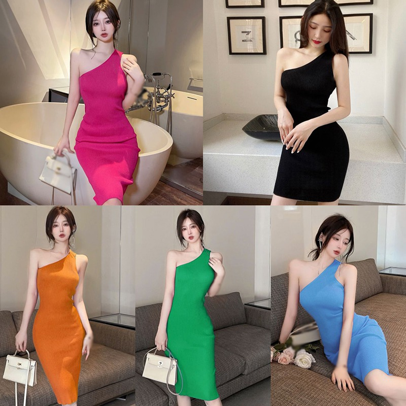 Đầm Dệt Kim Không Tay Cổ Chéo Màu Sắc Trơn Thời Trang Dành Cho Nữ