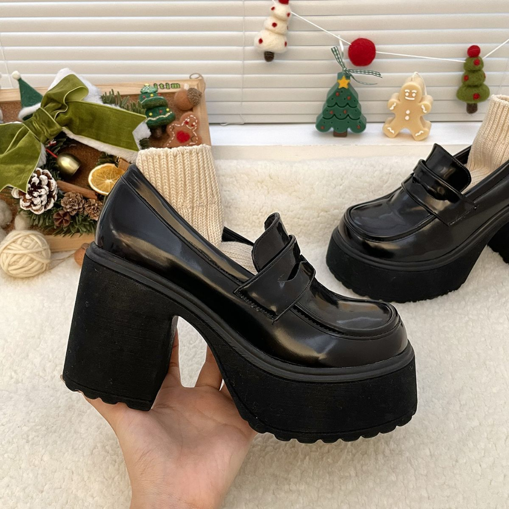 JINxCHOY SHOES Giày Cao Gót Da pu Mũi Tròn Đế Dày Phong Cách retro Cho Nữ