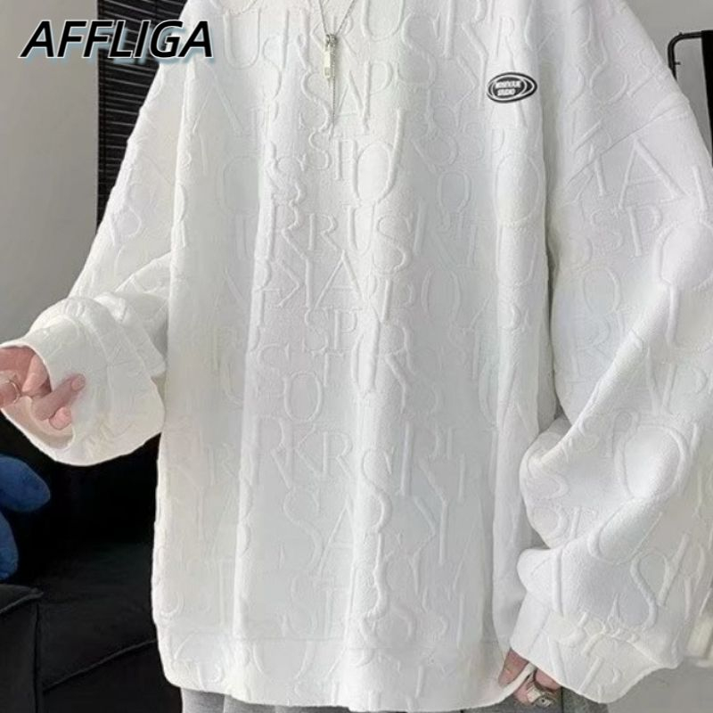 ✦ AFFLIGA ✦Áo Sweater Tay Dài Cổ Tròn Dáng Rộng Màu Sắc Đơn Giản Phong Cách Hàn Quốc Cho Nam Giới Size M-5XL