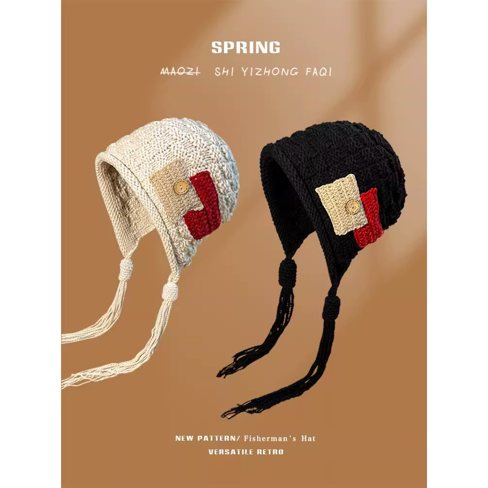 Mũ Len Tròng Đầu Dệt Tay Phối Tua Rua Thời Trang Thu Đông Hàn Quốc