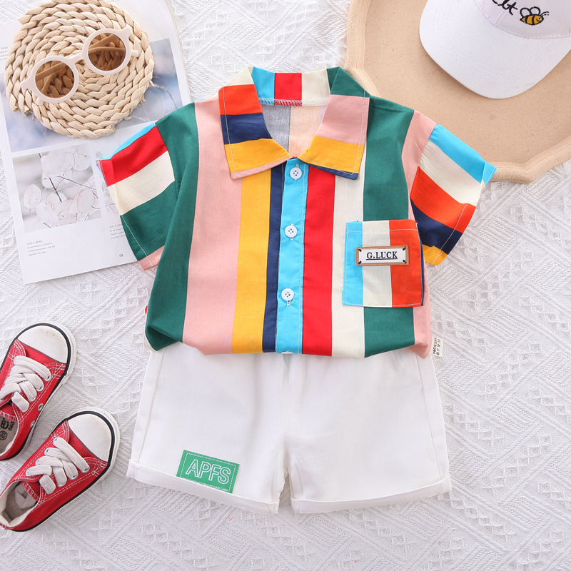 Set Đồ Thể Thao Mùa Hè Gồm Áo Sơ Mi Cotton Kẻ Sọc Nhiều Màu + Quần Ngắn Thể Thao Cho Bé 0-5 Tuổi Mới