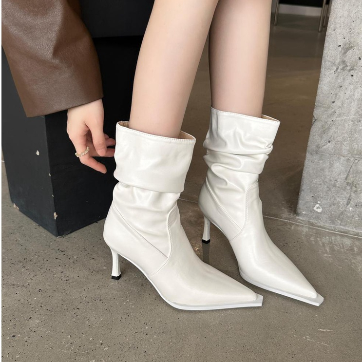 Giày Bốt Cao Gót Mũi Nhọn Xếp Ly Tự Nhiên Thời Trang Âu Mỹ Mùa Thu Đông 2023