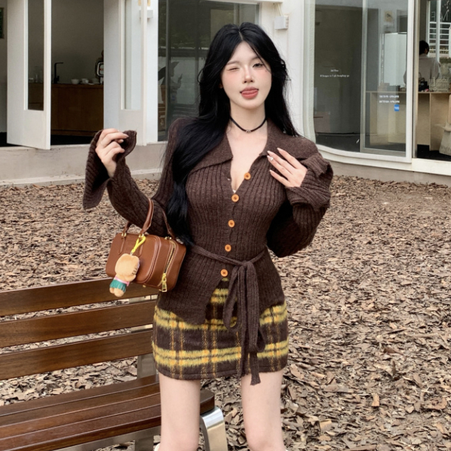 Set Áo Len Tay Dài Cổ Chữ v + Chân Váy Caro Lưng Cao Thời Trang Nữ