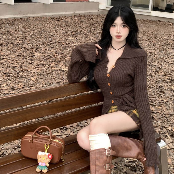 Set Áo Len Tay Dài Cổ Chữ v + Chân Váy Caro Lưng Cao Thời Trang Nữ