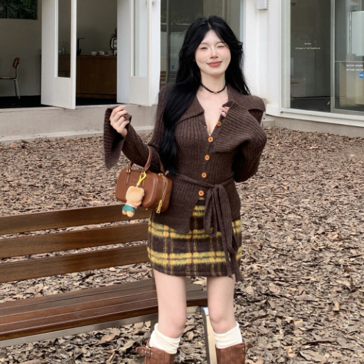 Set Áo Len Tay Dài Cổ Chữ v + Chân Váy Caro Lưng Cao Thời Trang Nữ
