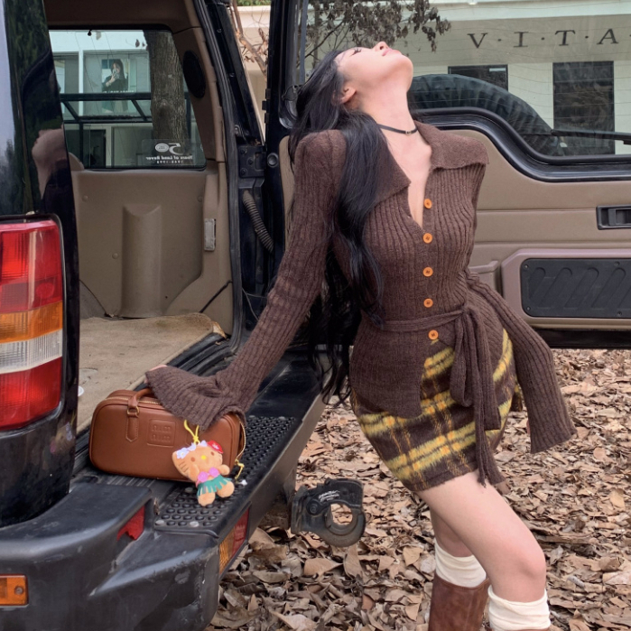 Set Áo Len Tay Dài Cổ Chữ v + Chân Váy Caro Lưng Cao Thời Trang Nữ
