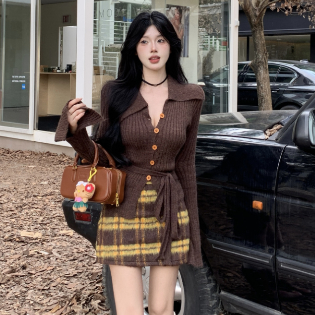 Set Áo Len Tay Dài Cổ Chữ v + Chân Váy Caro Lưng Cao Thời Trang Nữ