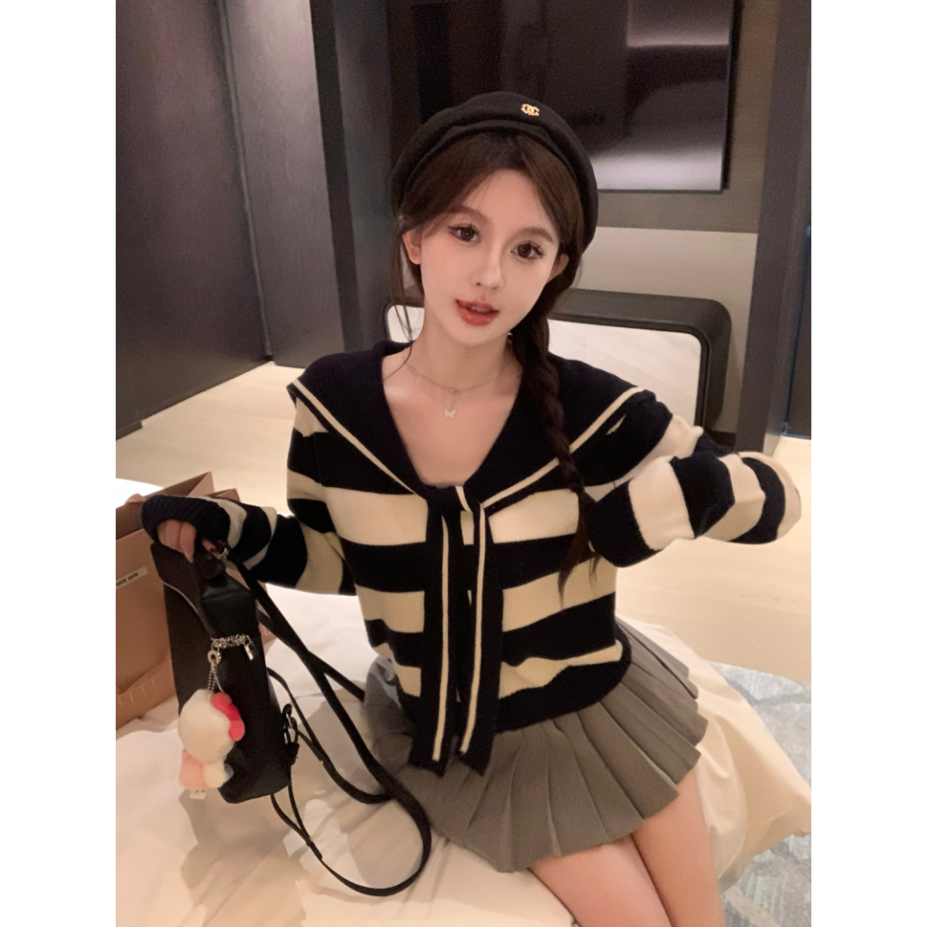 Set Áo Len Cổ Thủy Thủ Dài Tay + Chân Váy Xếp Ly Lưng Cao Cho Nữ, Hàng Quảng Châu