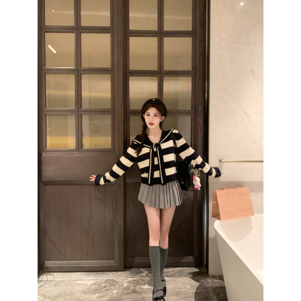 Set Áo Len Cổ Thủy Thủ Dài Tay + Chân Váy Xếp Ly Lưng Cao Cho Nữ, Hàng Quảng Châu