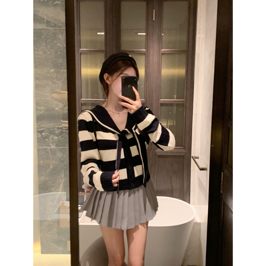 Set Áo Len Cổ Thủy Thủ Dài Tay + Chân Váy Xếp Ly Lưng Cao Cho Nữ, Hàng Quảng Châu