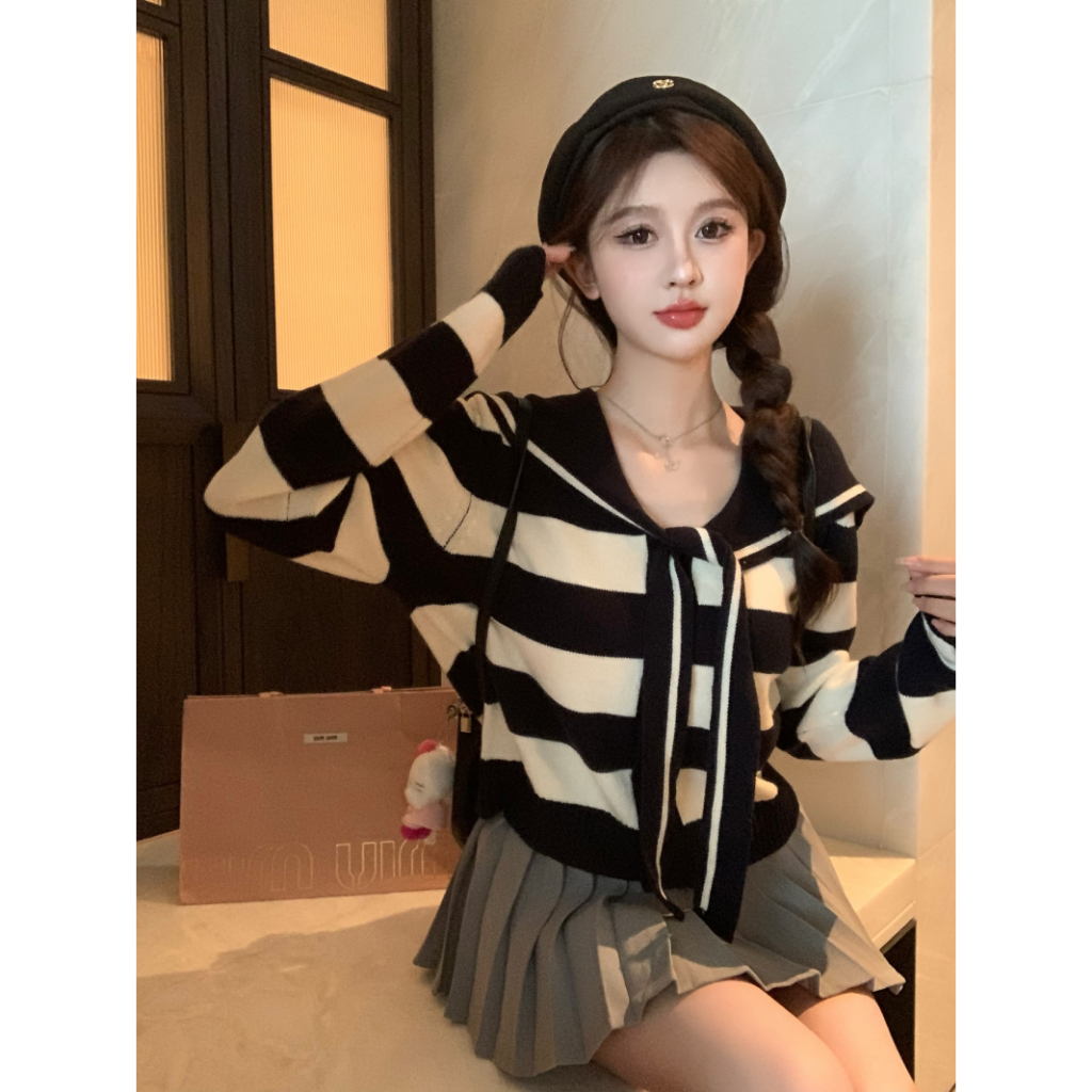 Set Áo Len Cổ Thủy Thủ Dài Tay + Chân Váy Xếp Ly Lưng Cao Cho Nữ, Hàng Quảng Châu