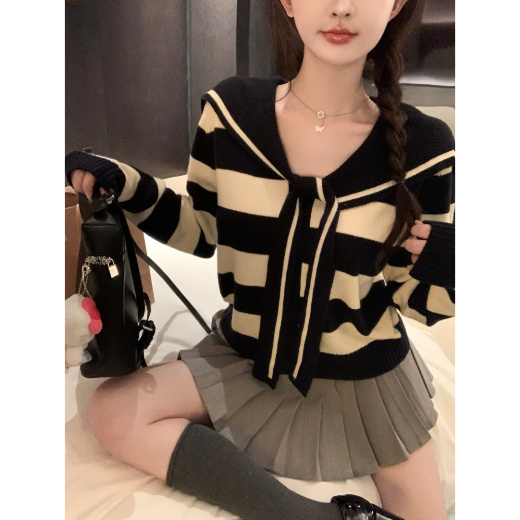 Set Áo Len Cổ Thủy Thủ Dài Tay + Chân Váy Xếp Ly Lưng Cao Cho Nữ, Hàng Quảng Châu