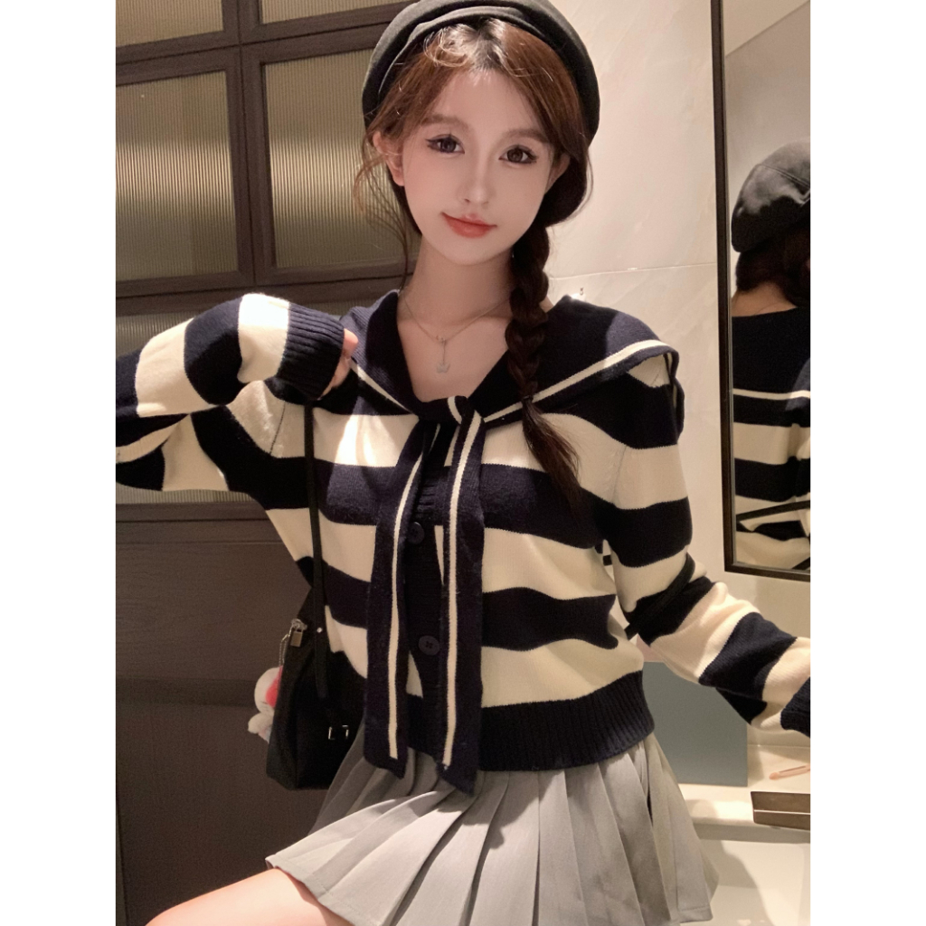 Set Áo Len Cổ Thủy Thủ Dài Tay + Chân Váy Xếp Ly Lưng Cao Cho Nữ, Hàng Quảng Châu