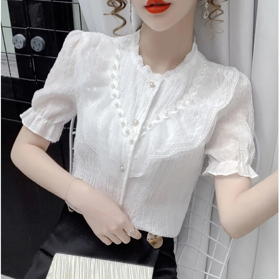 Áo Sơ Mi Tay Ngắn Phồng Cổ Chữ V Dáng Ôm Phong Cách Pháp Dành Cho Nữ