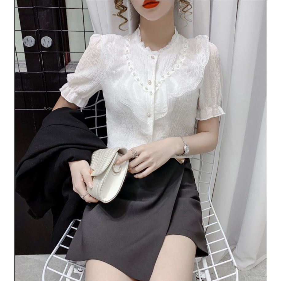 Áo Sơ Mi Tay Ngắn Phồng Cổ Chữ V Dáng Ôm Phong Cách Pháp Dành Cho Nữ