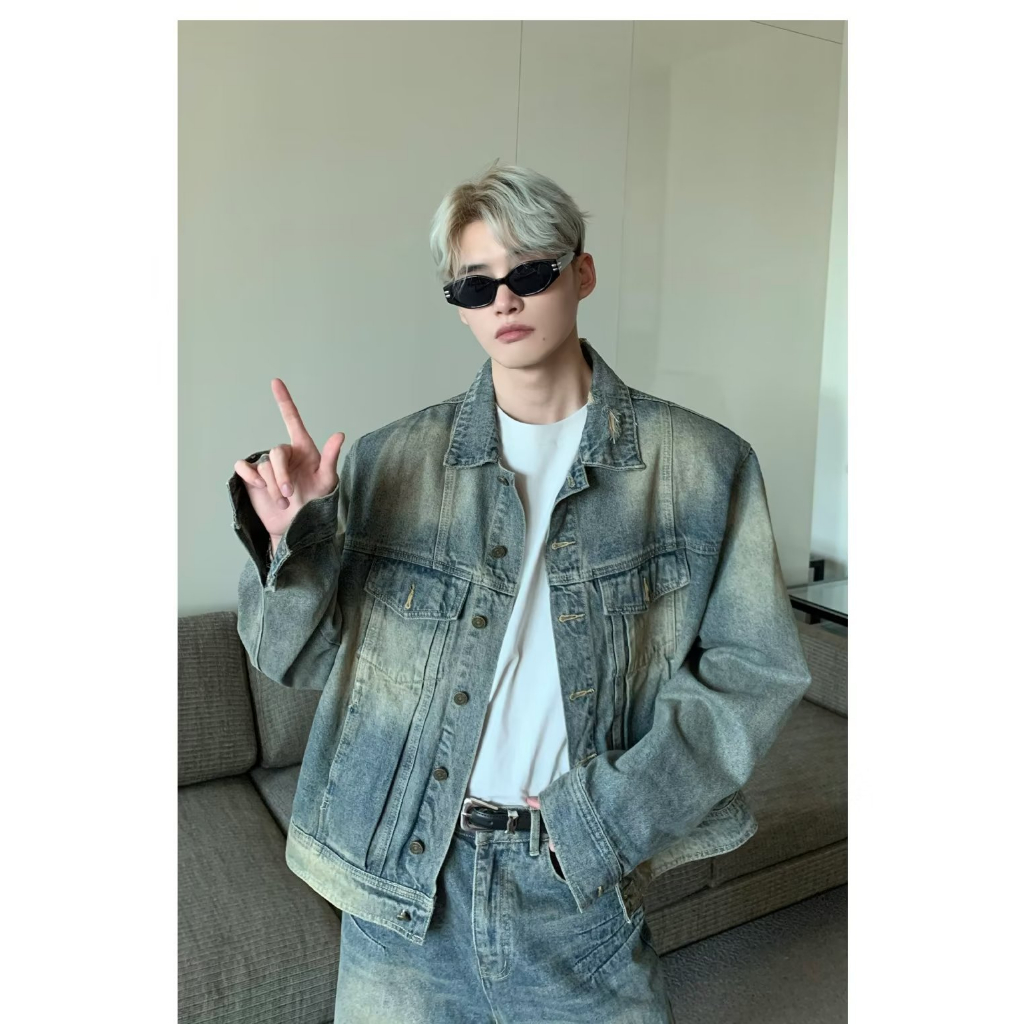2023 New Áo khoác jean nam màu bò xanh cào xước phong cách cổ điển sành điệu áo khoác tay dài dáng rộng thoải màu sắc đơn giản thoải mái