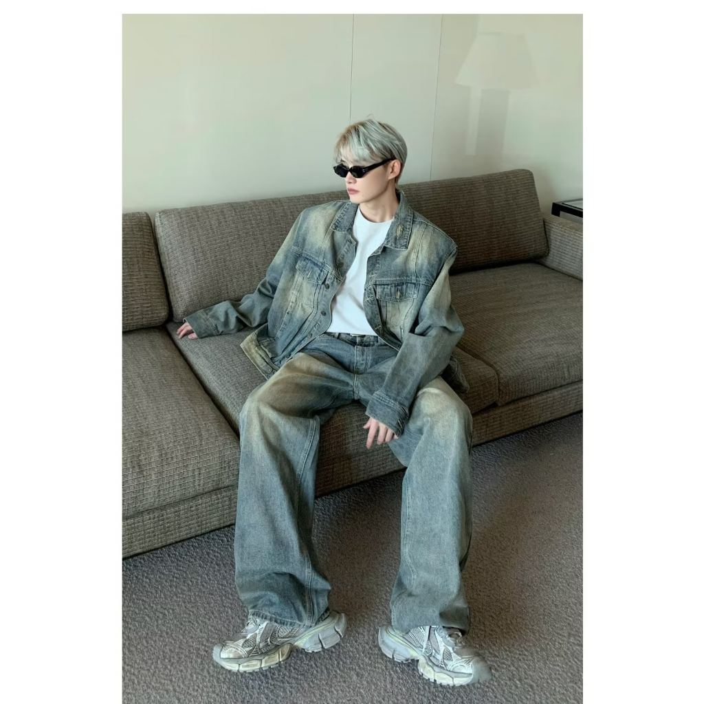 2023 New Áo khoác jean nam màu bò xanh cào xước phong cách cổ điển sành điệu áo khoác tay dài dáng rộng thoải màu sắc đơn giản thoải mái