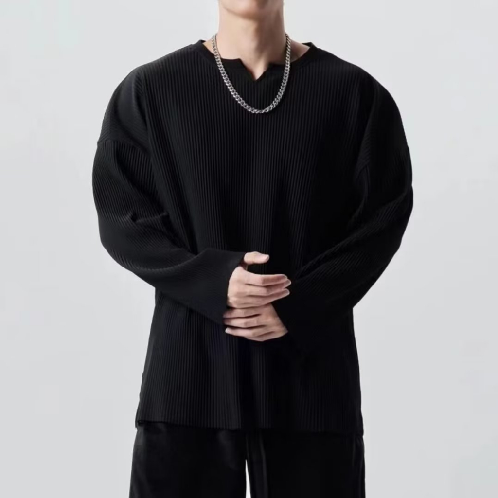 ✦AFFLIGA✦ Áo Thun Tay Dài Dáng Rộng Cổ Chữ v Xếp Ly Thời Trang Thu Đông Cho Nam