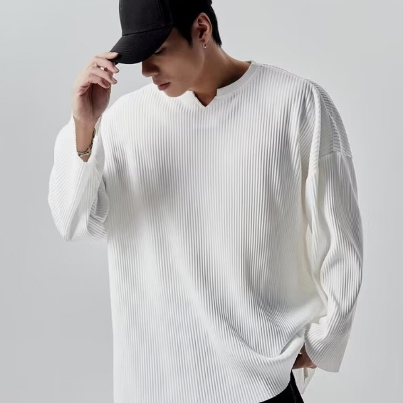 ✦AFFLIGA✦ Áo Thun Tay Dài Dáng Rộng Cổ Chữ v Xếp Ly Thời Trang Thu Đông Cho Nam