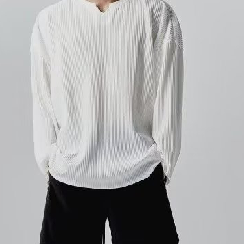 ✦AFFLIGA✦ Áo Thun Tay Dài Dáng Rộng Cổ Chữ v Xếp Ly Thời Trang Thu Đông Cho Nam