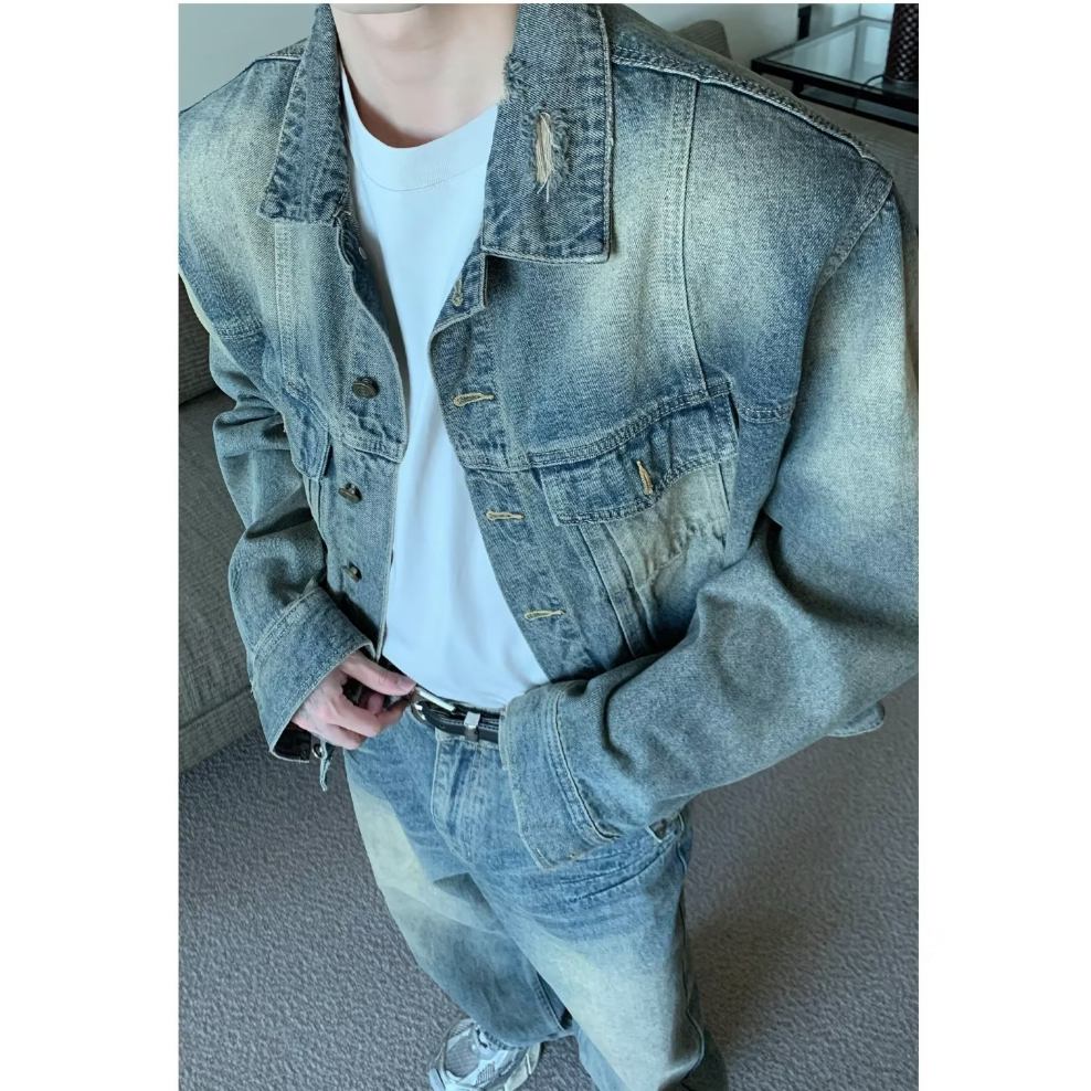 2023 New Áo khoác jean nam màu bò xanh cào xước phong cách cổ điển sành điệu áo khoác tay dài dáng rộng thoải màu sắc đơn giản thoải mái