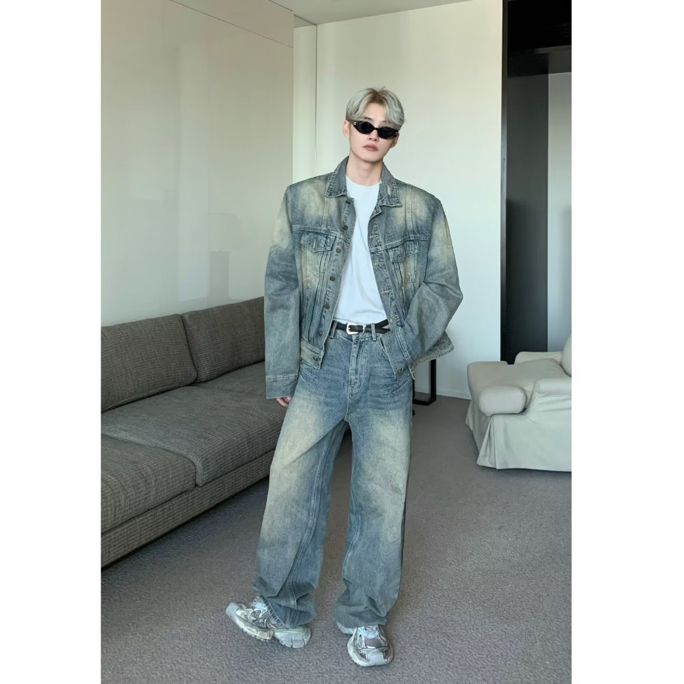 2023 New Áo khoác jean nam màu bò xanh cào xước phong cách cổ điển sành điệu áo khoác tay dài dáng rộng thoải màu sắc đơn giản thoải mái