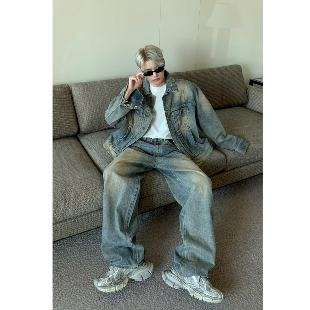 2023 New Áo khoác jean nam màu bò xanh cào xước phong cách cổ điển sành điệu áo khoác tay dài dáng rộng thoải màu sắc đơn giản thoải mái