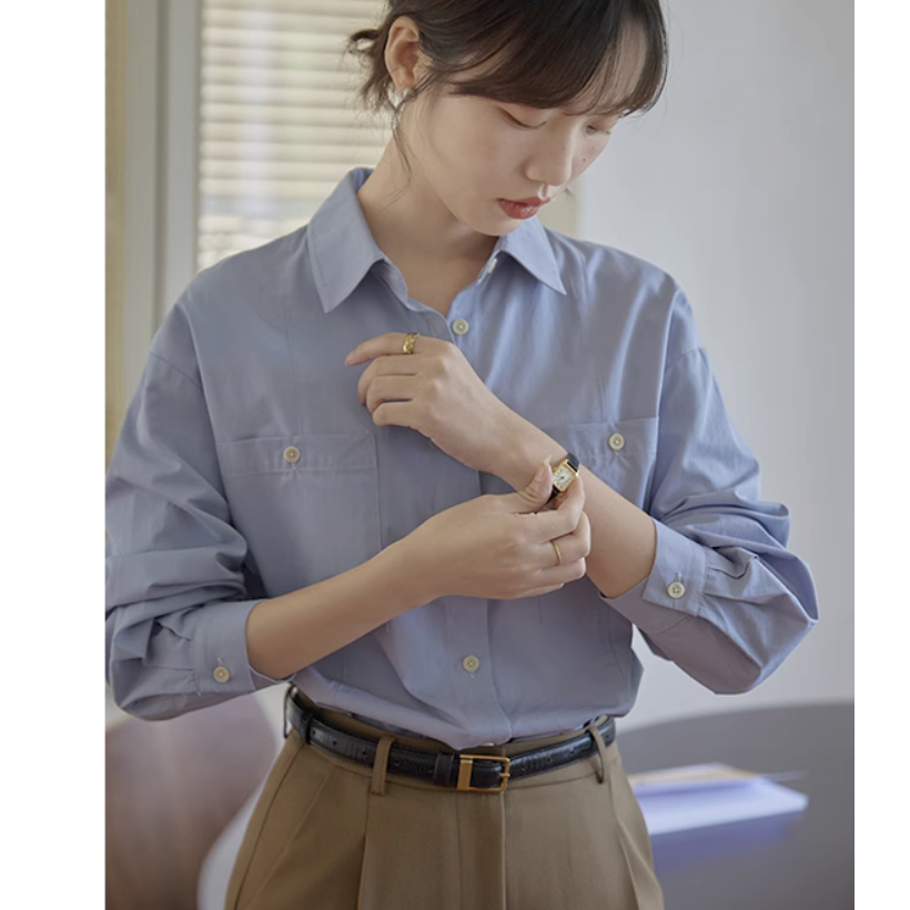 Áo Sơ Mi Dài Tay Dáng Rộng Phối Túi Phong Cách retro 67498