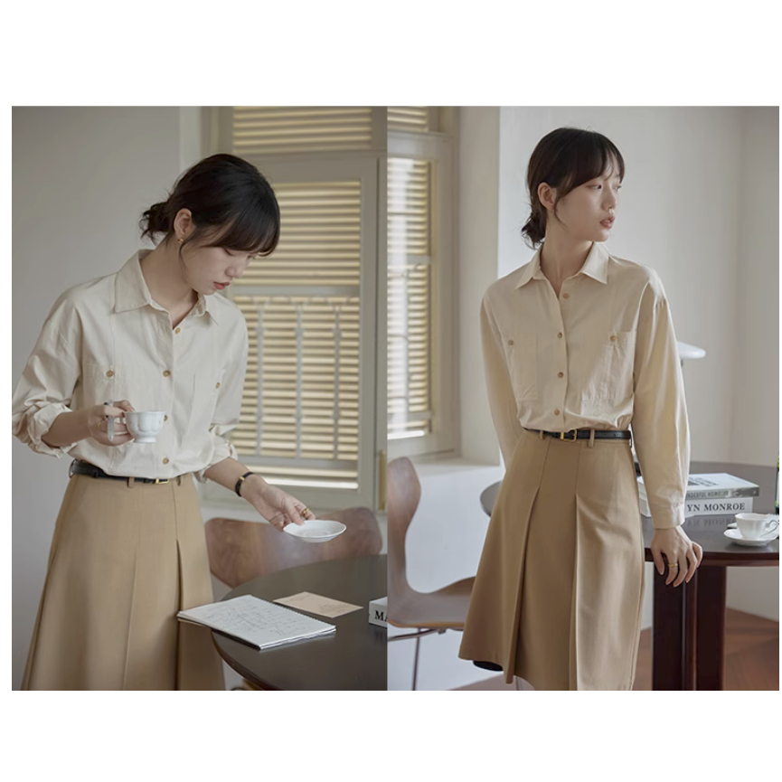 Áo Sơ Mi Dài Tay Dáng Rộng Phối Túi Phong Cách retro 67498
