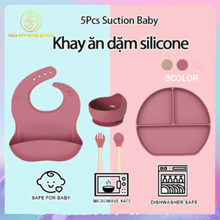 Khay ăn dặm silicon Chống trượt và làm nóng Bộ 5 ,Bát-Khay-Yếm-Thìa-nĩa