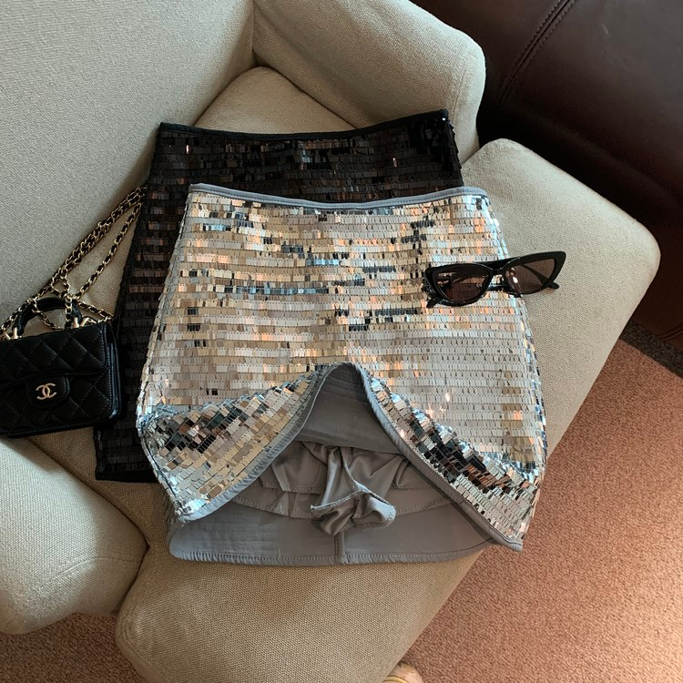 Xiaozhainv Chân Váy Chữ a Lưng Cao Đính Kim Sa Lấp Lánh Thời Trang Hàn Quốc Cho Nữ