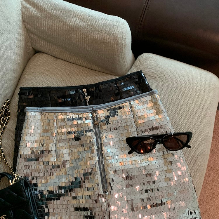 Xiaozhainv Chân Váy Chữ a Lưng Cao Đính Kim Sa Lấp Lánh Thời Trang Hàn Quốc Cho Nữ