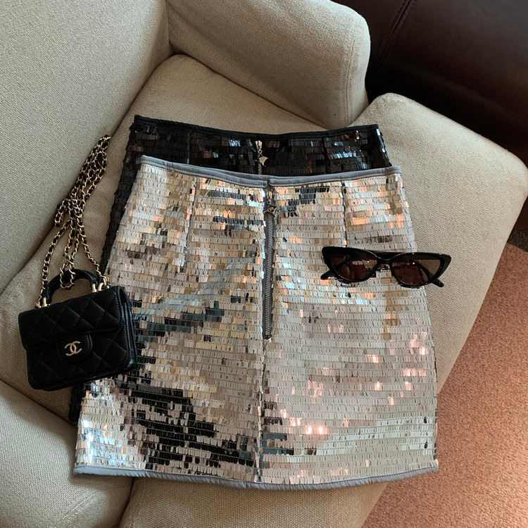 Xiaozhainv Chân Váy Chữ a Lưng Cao Đính Kim Sa Lấp Lánh Thời Trang Hàn Quốc Cho Nữ