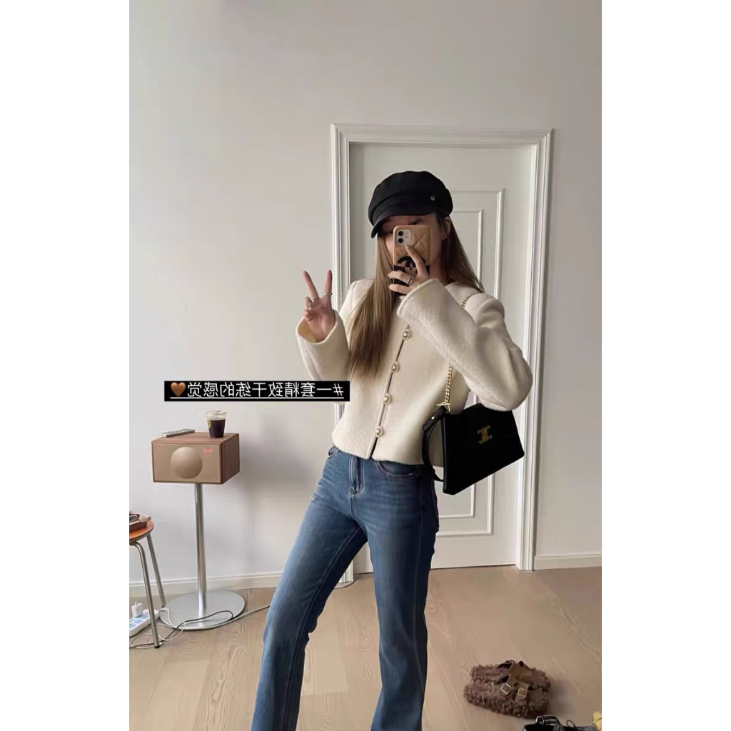 Honypove Áo Khoác Len Dáng Dài Có Nút Cài Hình Trái Tim Ánh Sáng Trắng Cho Nữ