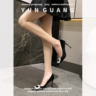 Giày Cao Gót Mũi Nhọn Màu Đen Đính Đá Phối Khóa Vuông Thời Trang Cho Nữ