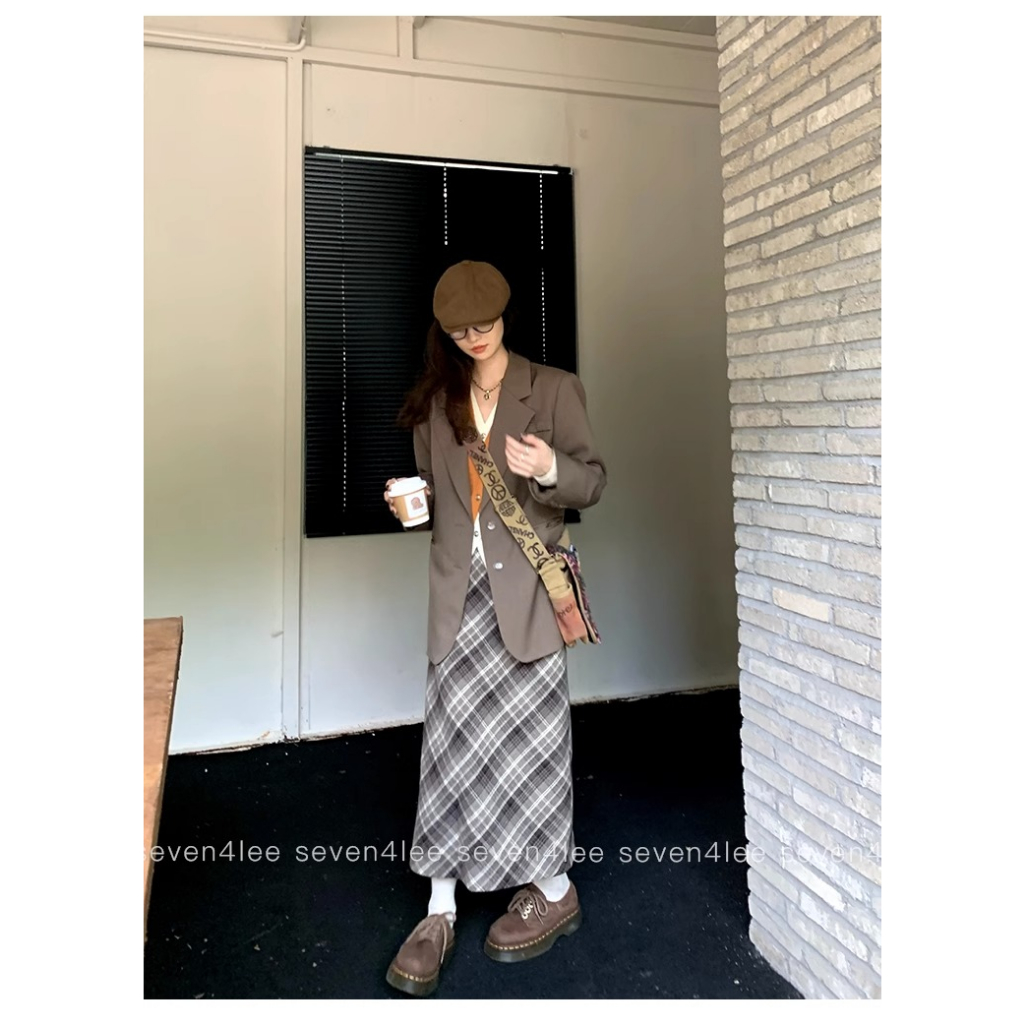 Honypove Chân Váy Len Dài Lưng Cao Xẻ Tà Họa Tiết Sọc Caro Phong Cách retro