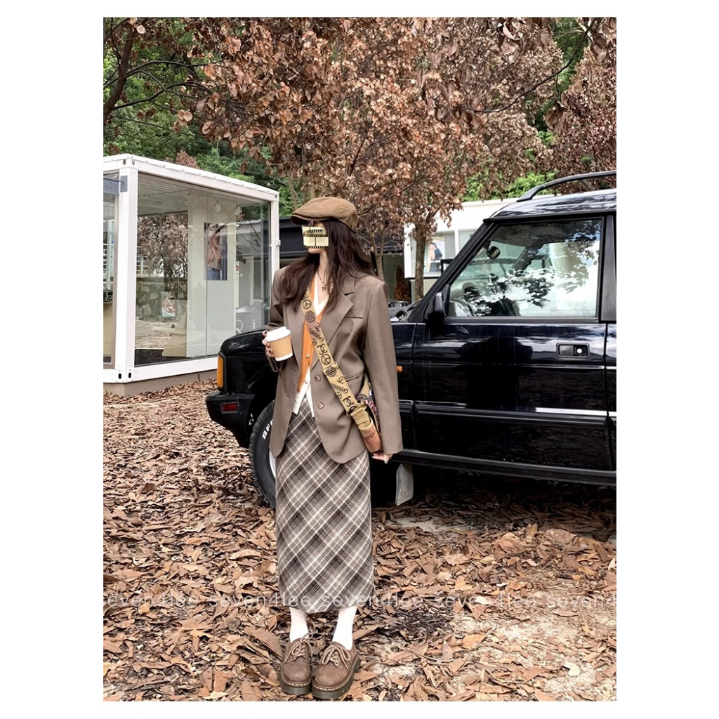 Honypove Chân Váy Len Dài Lưng Cao Xẻ Tà Họa Tiết Sọc Caro Phong Cách retro