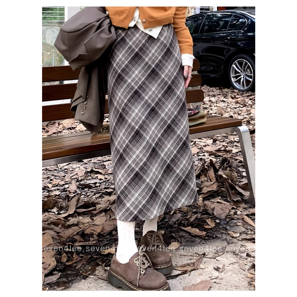 Honypove Chân Váy Len Dài Lưng Cao Xẻ Tà Họa Tiết Sọc Caro Phong Cách retro