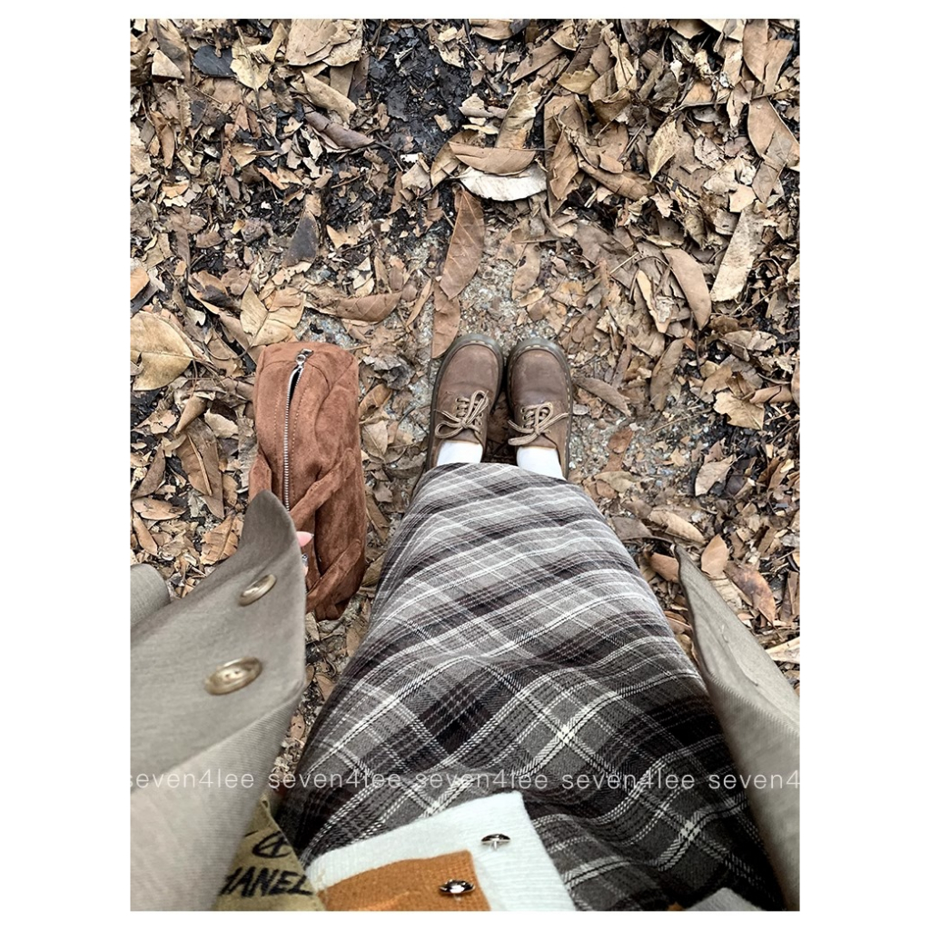 Honypove Chân Váy Len Dài Lưng Cao Xẻ Tà Họa Tiết Sọc Caro Phong Cách retro