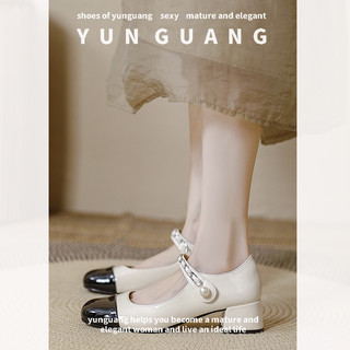 Giày Búp Bê Gót Dày Vừa Quai Xích Đính Ngọc Trai Phong Cách retro Cho Nữ yunguang mary jane