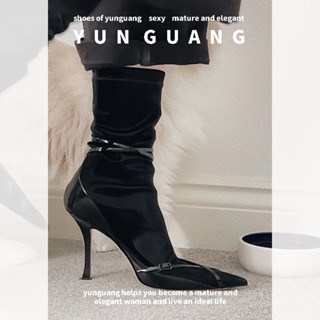 Bốt Cao Gót Mũi Nhọn Màu Đen Phong Cách Âu Mỹ Cho Nữ