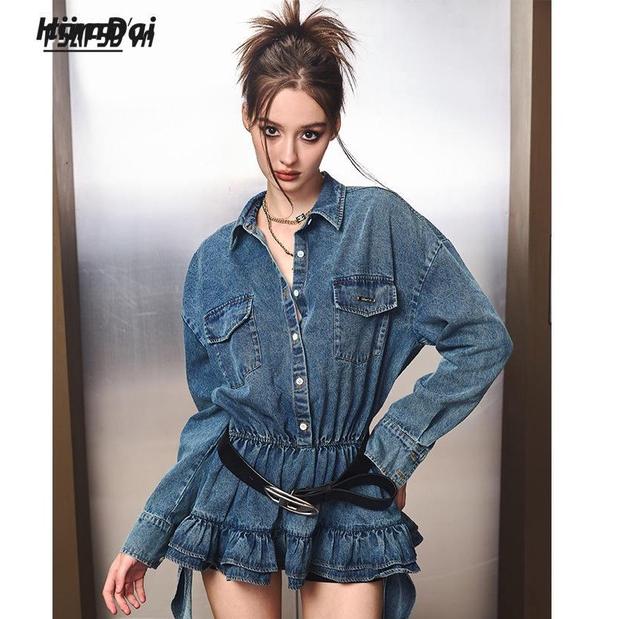 Chân Váy denim Một Mảnh Lưng Thun Phong Cách retro Đường Phố / Chụp Ảnh