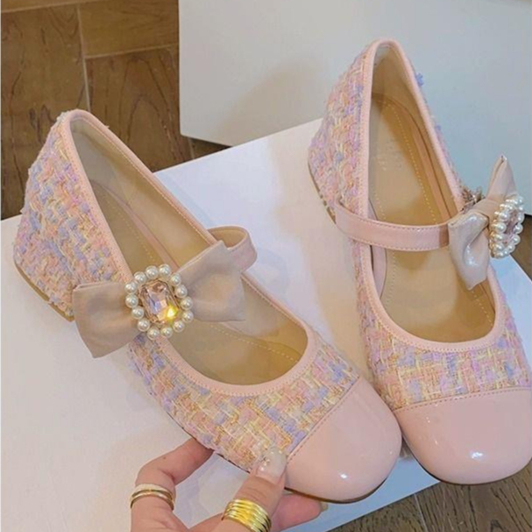 Giày Búp Bê Gót Dày Mũi Tròn Bằng Len mary jane Màu Hồng / Đen Phong Cách Trường Học Cho Nữ