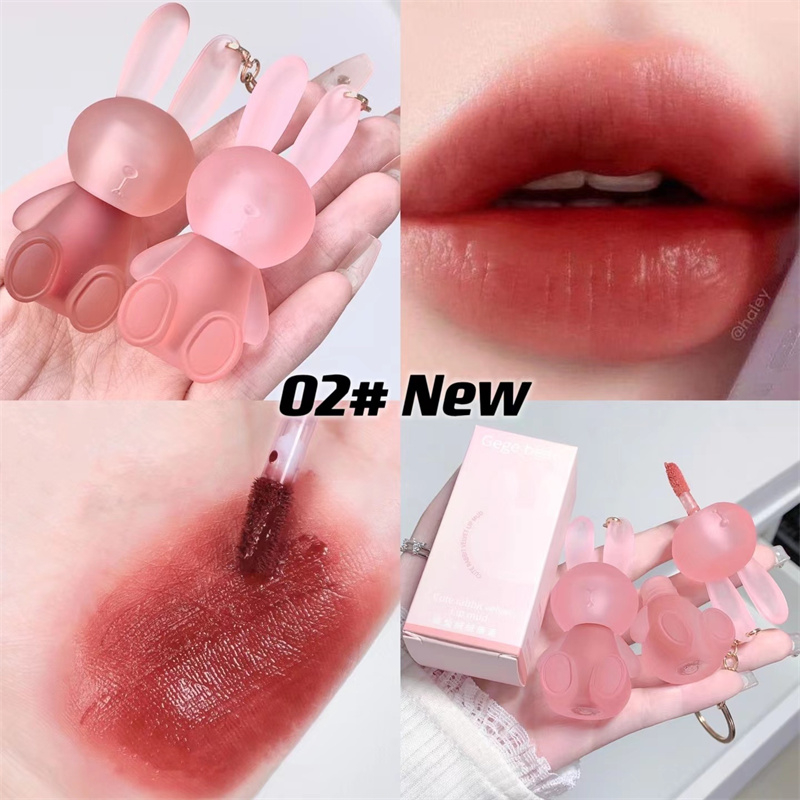 ABPOPA Son môi gegebear đất sét lì màu nude đỏ nâu không thấm nước lâu trôi chống dính cốc kèm móc khóa thỏ dễ thương 3ml