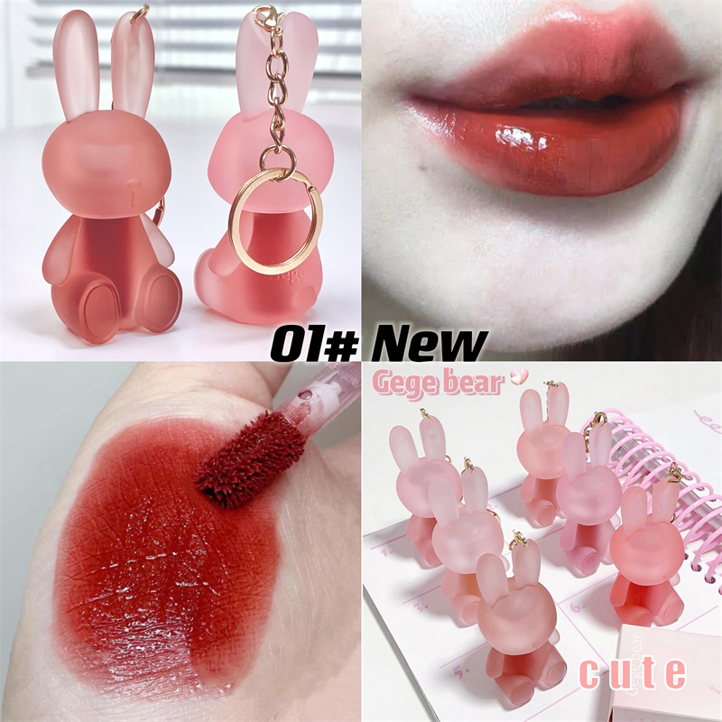 ABPOPA Son môi gegebear đất sét lì màu nude đỏ nâu không thấm nước lâu trôi chống dính cốc kèm móc khóa thỏ dễ thương 3ml