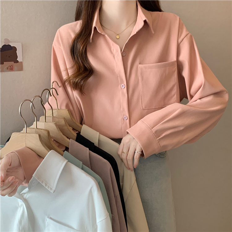 NUZIRO Áo Sơ Mi Nữ Tay Dài Cổ polo Màu Trơn Phong Cách Hàn Quốc