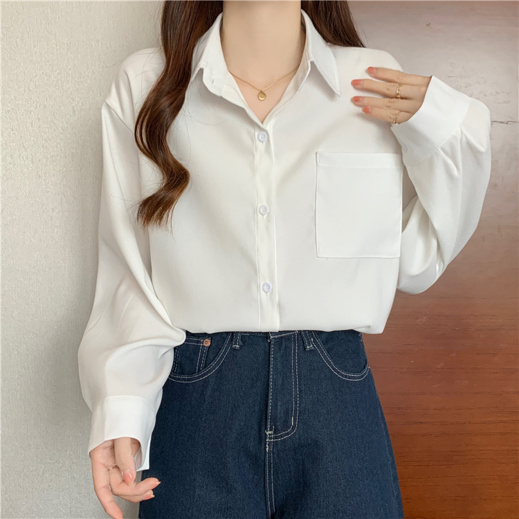 NUZIRO Áo Sơ Mi Nữ Tay Dài Cổ polo Màu Trơn Phong Cách Hàn Quốc