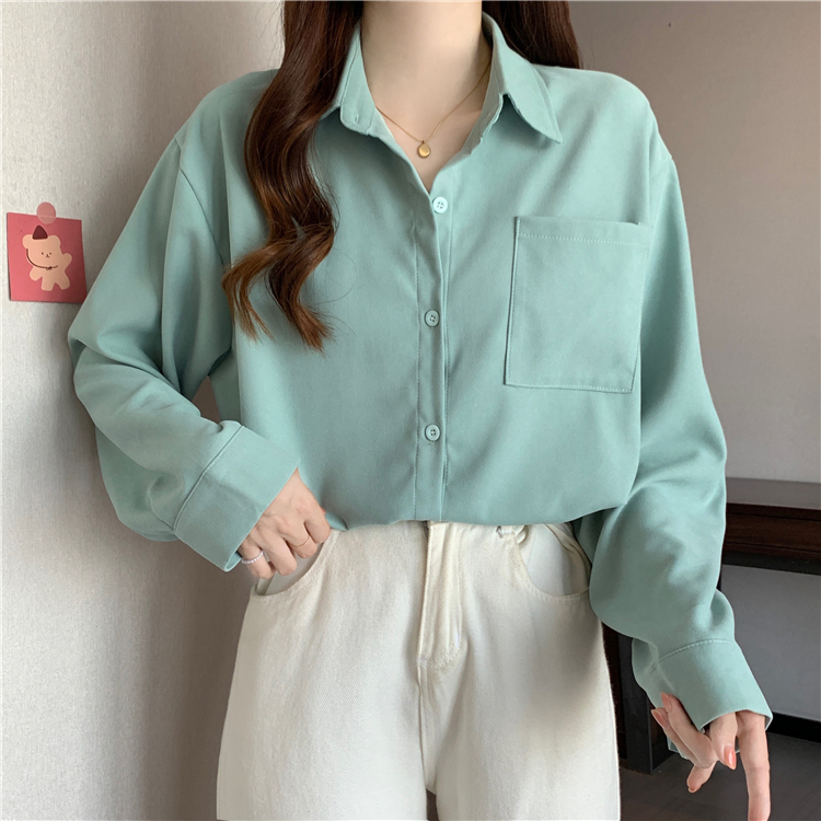 NUZIRO Áo Sơ Mi Nữ Tay Dài Cổ polo Màu Trơn Phong Cách Hàn Quốc