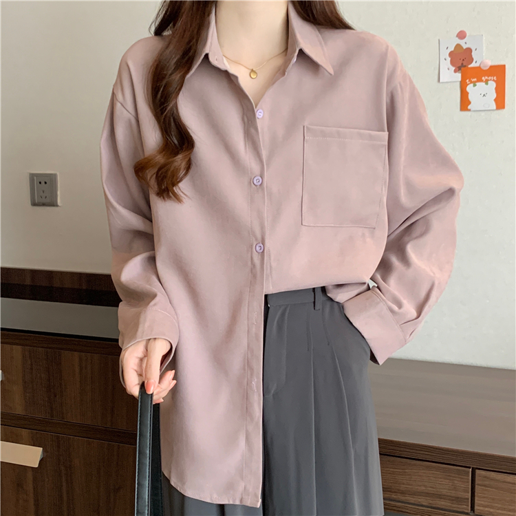 NUZIRO Áo Sơ Mi Nữ Tay Dài Cổ polo Màu Trơn Phong Cách Hàn Quốc